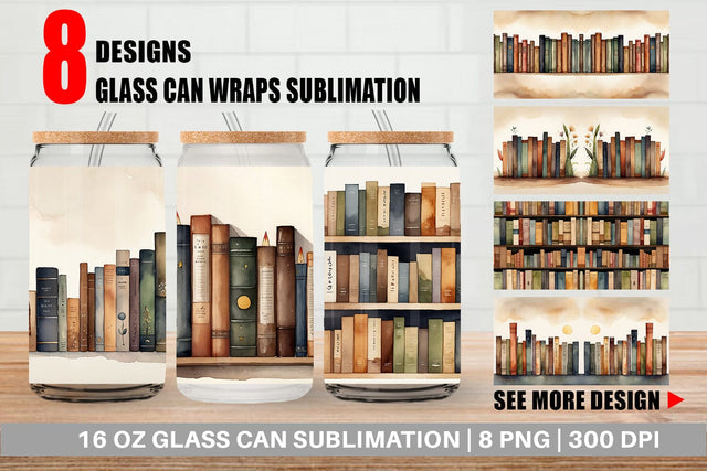 Glass Can Wrap Watercolor Books Sublimation artnoy 