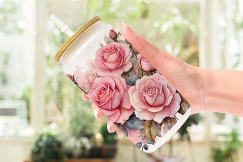 Glass Can Wrap Watercolor Bouquet Pink Roses Sublimation artnoy 