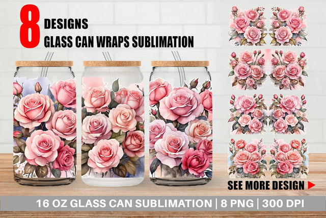 Glass Can Wrap Watercolor Bouquet Pink Roses Sublimation artnoy 