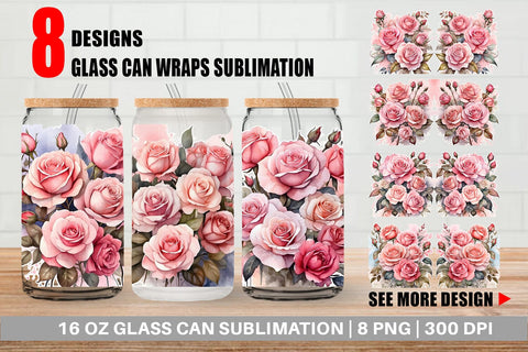 Glass Can Wrap Watercolor Bouquet Pink Roses Sublimation artnoy 