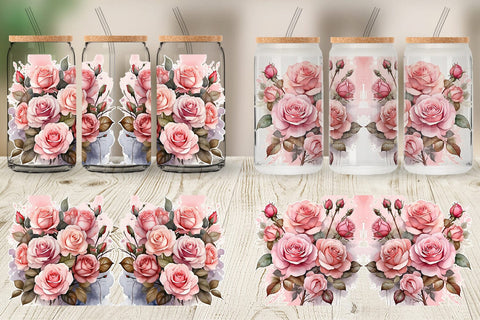 Glass Can Wrap Watercolor Bouquet Pink Roses Sublimation artnoy 