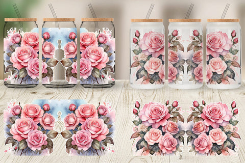 Glass Can Wrap Watercolor Bouquet Pink Roses Sublimation artnoy 