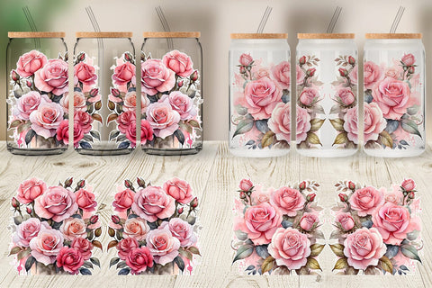 Glass Can Wrap Watercolor Bouquet Pink Roses Sublimation artnoy 