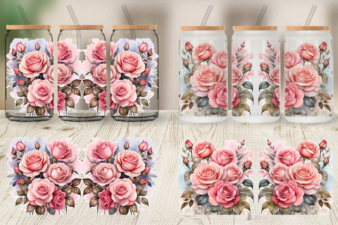 Glass Can Wrap Watercolor Bouquet Pink Roses Sublimation artnoy 