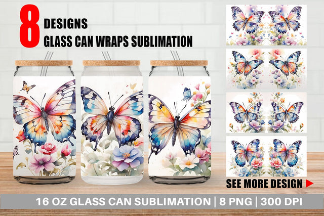 Glass Can Wrap Watercolor Butterfly Sublimation artnoy 