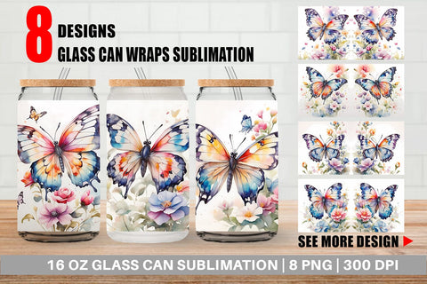 Glass Can Wrap Watercolor Butterfly Sublimation artnoy 
