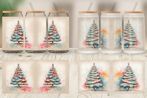 Glass Can Wrap Watercolor Christmas Tree Sublimation artnoy 