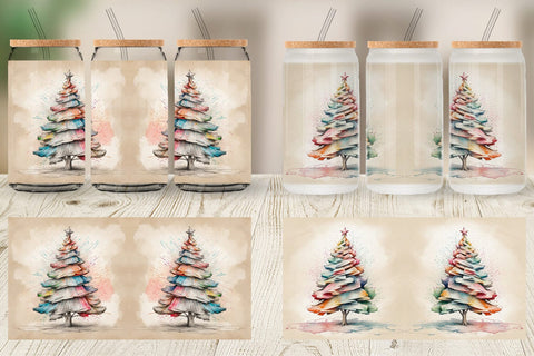 Glass Can Wrap Watercolor Christmas Tree Sublimation artnoy 