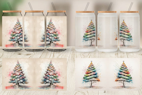 Glass Can Wrap Watercolor Christmas Tree Sublimation artnoy 