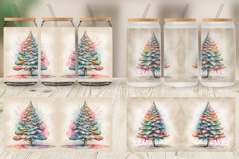 Glass Can Wrap Watercolor Christmas Tree Sublimation artnoy 