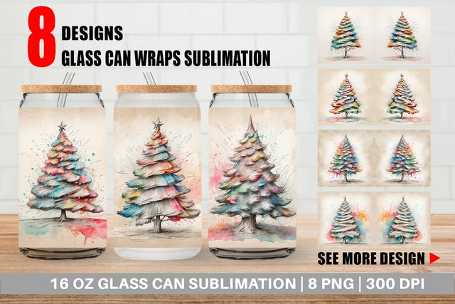 Glass Can Wrap Watercolor Christmas Tree Sublimation artnoy 