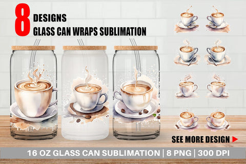 Glass Can Wrap Watercolor Coffee Cup Sublimation artnoy 