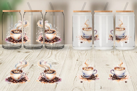 Glass Can Wrap Watercolor Coffee Cup Sublimation artnoy 