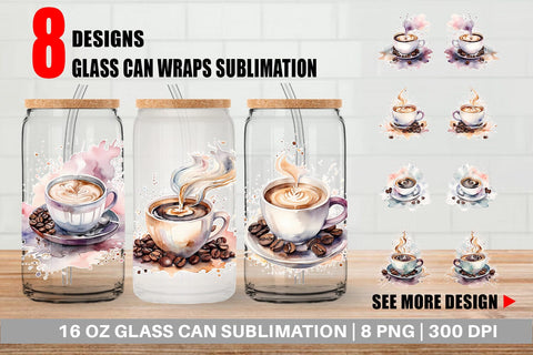 Glass Can Wrap Watercolor Coffee Cup Sublimation artnoy 
