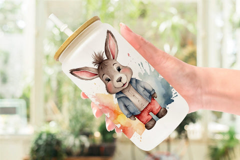 Glass Can Wrap Watercolor Cute Donkey Sublimation artnoy 