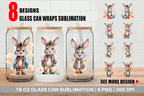 Glass Can Wrap Watercolor Cute Donkey Sublimation artnoy 