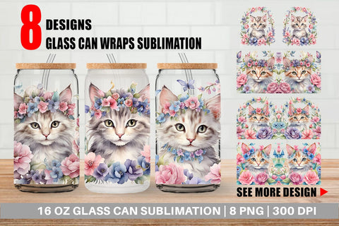 Glass Can Wrap Watercolor Floral Cat Sublimation artnoy 