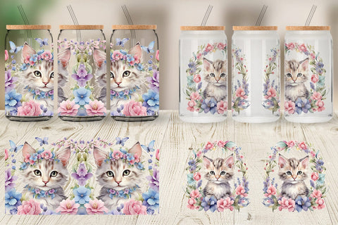 Glass Can Wrap Watercolor Floral Cat Sublimation artnoy 