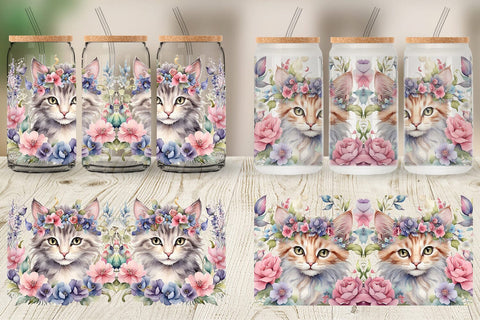 Glass Can Wrap Watercolor Floral Cat Sublimation artnoy 