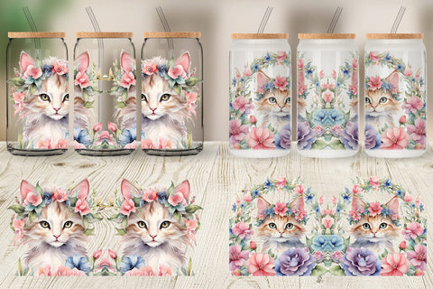 Glass Can Wrap Watercolor Floral Cat Sublimation artnoy 
