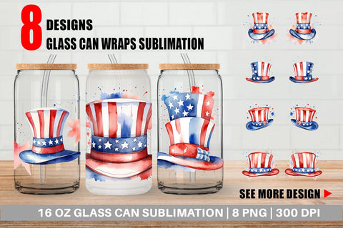 Glass Can Wrap Watercolor Hat Patriotic Sublimation artnoy 