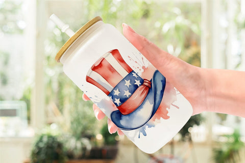 Glass Can Wrap Watercolor Hat Patriotic Sublimation artnoy 