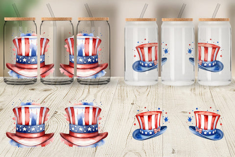 Glass Can Wrap Watercolor Hat Patriotic Sublimation artnoy 