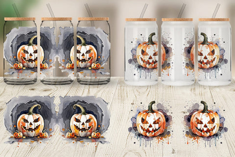 Glass Can Wrap Watercolor Jack O Lantern Sublimation artnoy 