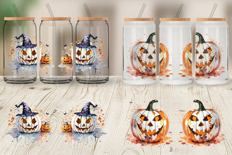 Glass Can Wrap Watercolor Jack O Lantern Sublimation artnoy 