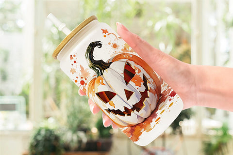 Glass Can Wrap Watercolor Jack O Lantern Sublimation artnoy 