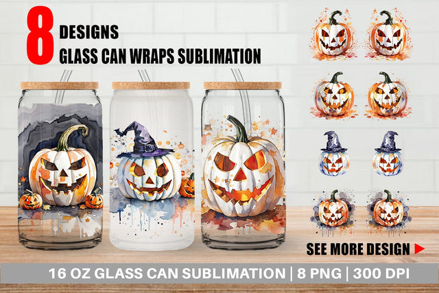 Glass Can Wrap Watercolor Jack O Lantern Sublimation artnoy 