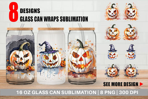 Glass Can Wrap Watercolor Jack O Lantern Sublimation artnoy 