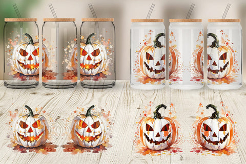 Glass Can Wrap Watercolor Jack O Lantern Sublimation artnoy 
