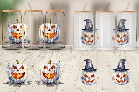 Glass Can Wrap Watercolor Jack O Lantern Sublimation artnoy 