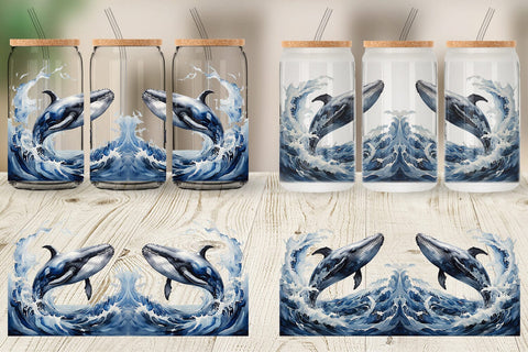 Glass Can Wrap Watercolor Leaping Whale Sublimation artnoy 