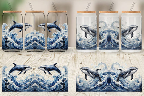 Glass Can Wrap Watercolor Leaping Whale Sublimation artnoy 