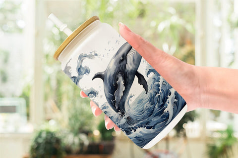 Glass Can Wrap Watercolor Leaping Whale Sublimation artnoy 
