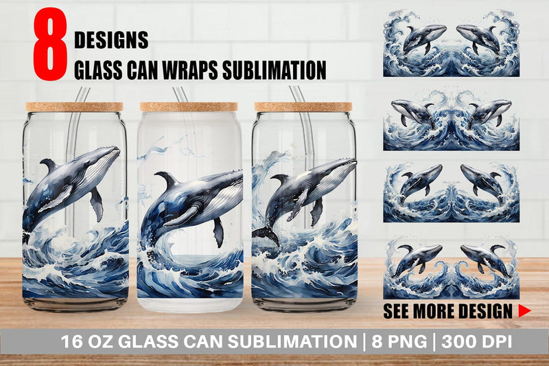 Glass Can Wrap Watercolor Leaping Whale Sublimation artnoy 