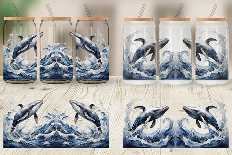 Glass Can Wrap Watercolor Leaping Whale Sublimation artnoy 