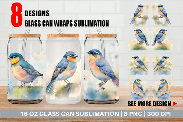 Glass Can Wrap Watercolor Painting Birds Sublimation artnoy 