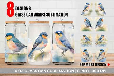 Glass Can Wrap Watercolor Painting Birds Sublimation artnoy 