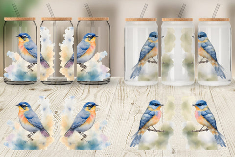 Glass Can Wrap Watercolor Painting Birds Sublimation artnoy 