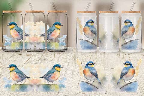 Glass Can Wrap Watercolor Painting Birds Sublimation artnoy 