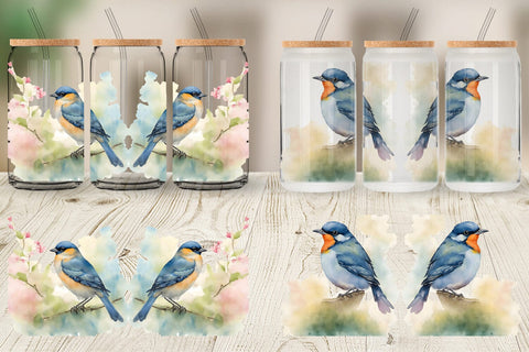 Glass Can Wrap Watercolor Painting Birds Sublimation artnoy 