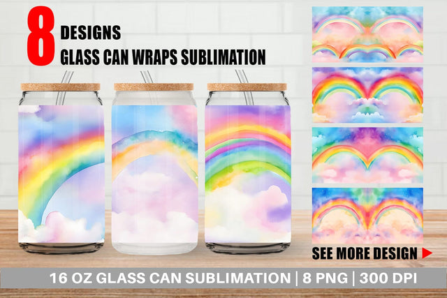 Glass Can Wrap Watercolor Rainbow Sky Sublimation artnoy 