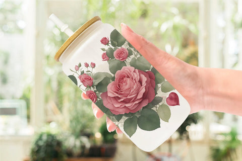 Glass Can Wrap Watercolor Red Rose Sublimation artnoy 