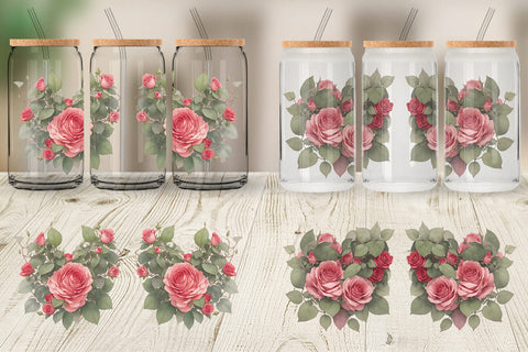 Glass Can Wrap Watercolor Red Rose Sublimation artnoy 