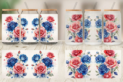 Glass Can Wrap Watercolor Roses Patriotic Sublimation artnoy 