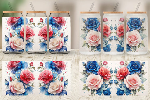 Glass Can Wrap Watercolor Roses Patriotic Sublimation artnoy 