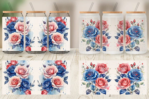 Glass Can Wrap Watercolor Roses Patriotic Sublimation artnoy 